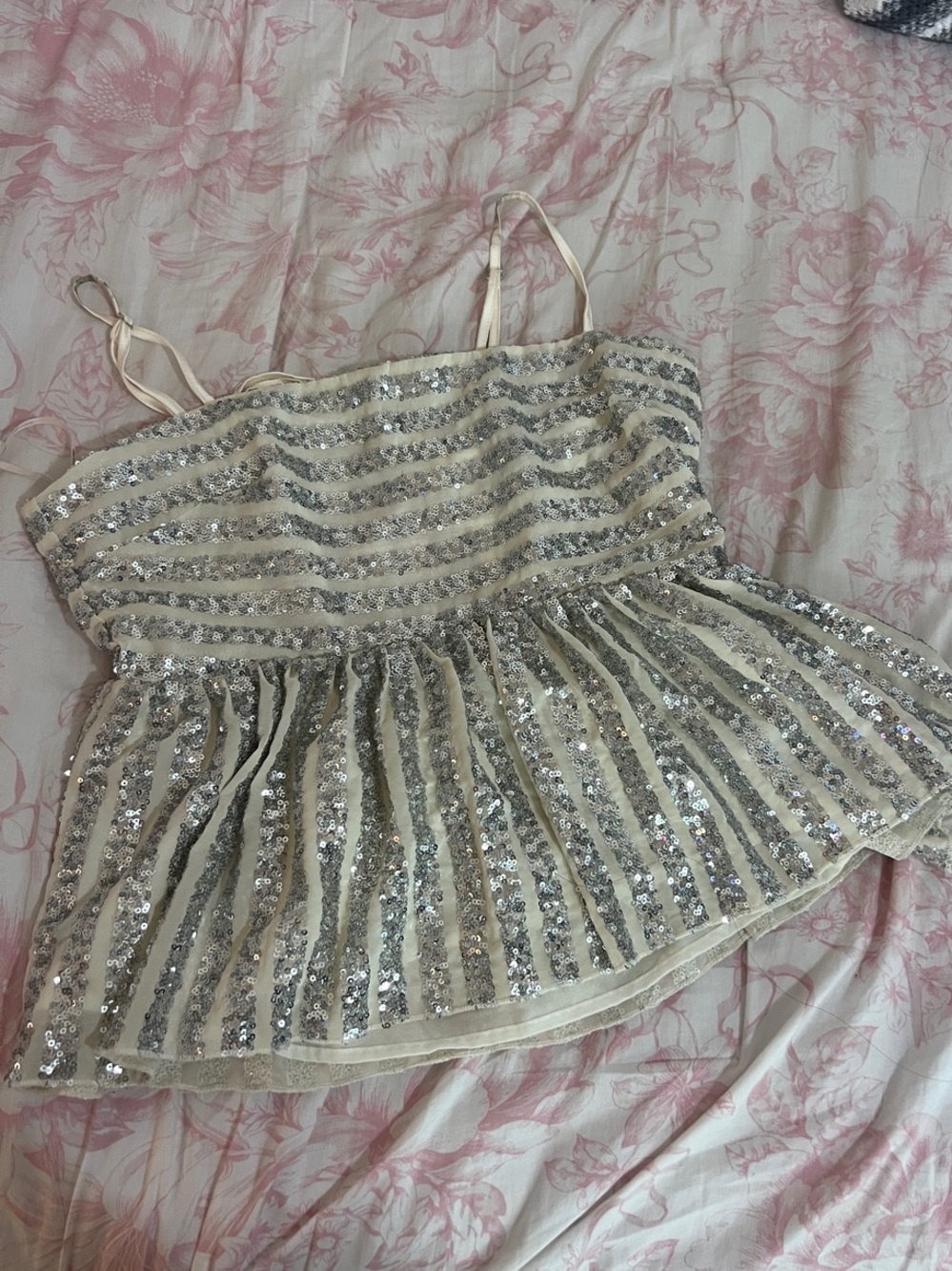 Forever 21 Cream Sequin-Striped Peplum Cami